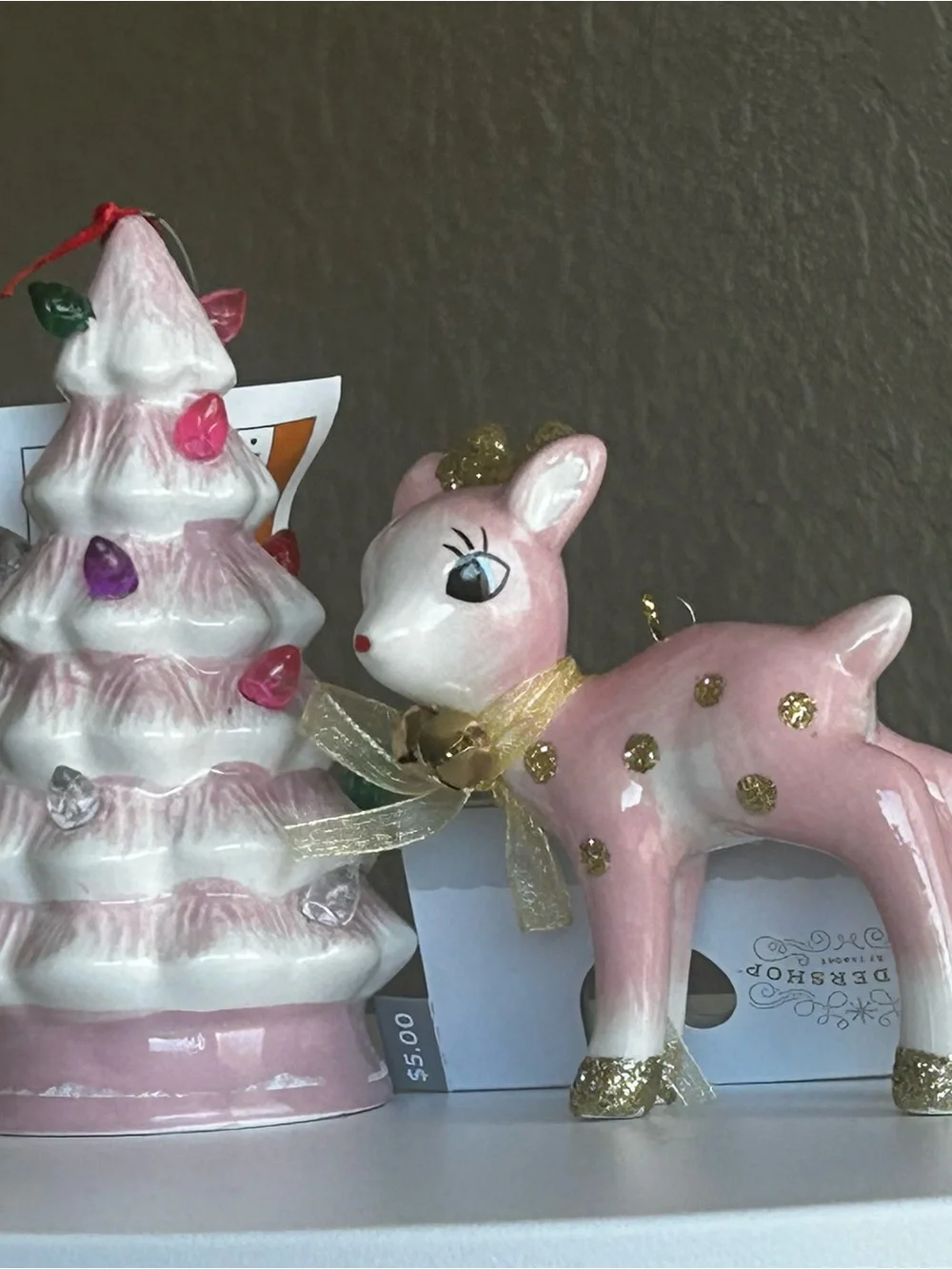 Pink Glitter Deer Ornament with Gold Accents - Unbranded
